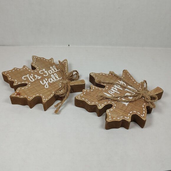 Lot of 2 Happy Fall It's Fall Y'all Wooden Maple Leaf Tabletop Decor Shelf - Picture 15 of 16